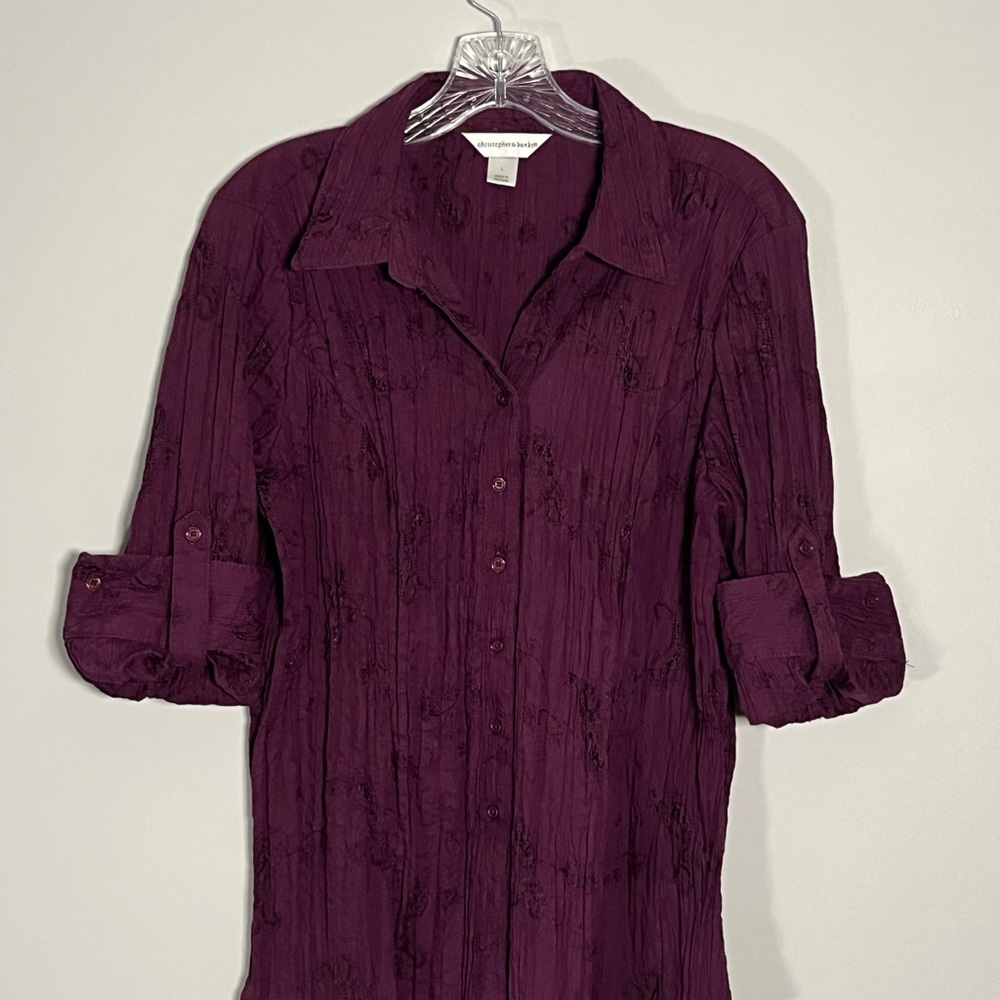 Christopher Banks Shirt Blouse Womens Large Purple Embroidered Floral Button Up